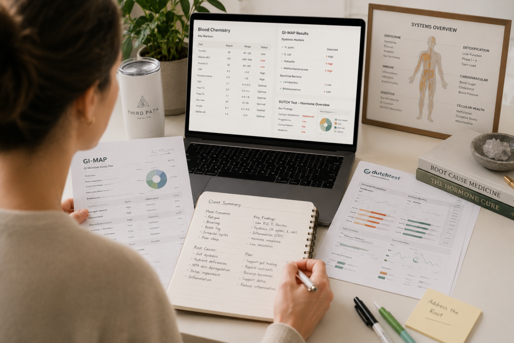 Functional medicine practitioner reviewing blood chemistry, GI-MAP, and DUTCH test results to identify root causes of chronic symptoms in Chicago patients.