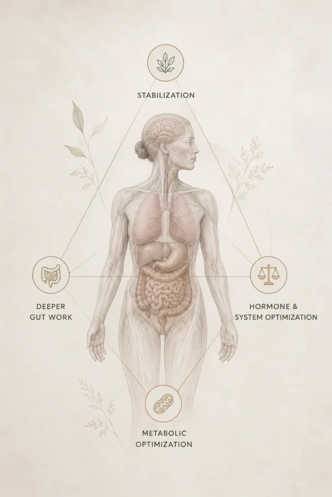 Chicago functional medicine framework showing stabilization, deeper gut work, hormone optimization, and metabolic health.