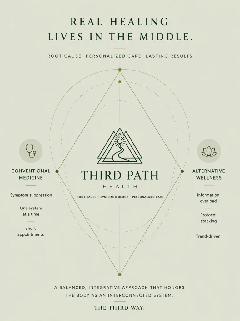 Third Path Health philosophy graphic illustrating a systems-based functional medicine approach that bridges conventional medicine and alternative wellness.